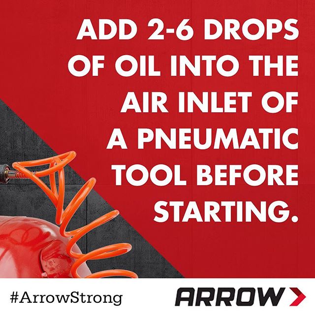 If you own a pneumatic tool, regular lubrication of the tool is REQUIRED. The general rule is that you should add 2 to 6 drops of lubricant oil into the air inlet before each work day OR after 2 hours of continuous use. Taking care of pneumatic tools means they’ll work better and last longer, which is what every tool owner wants! .
.
.
.
.
.