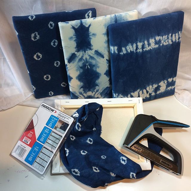 Stretching indigo shibori on canvases so I can embroider them. I used the fabulous staple gun I won from @arrowfastener - so easy and a nice grip! And as always I love the pre-reduced indigo I ordered from @dharmatradingco!